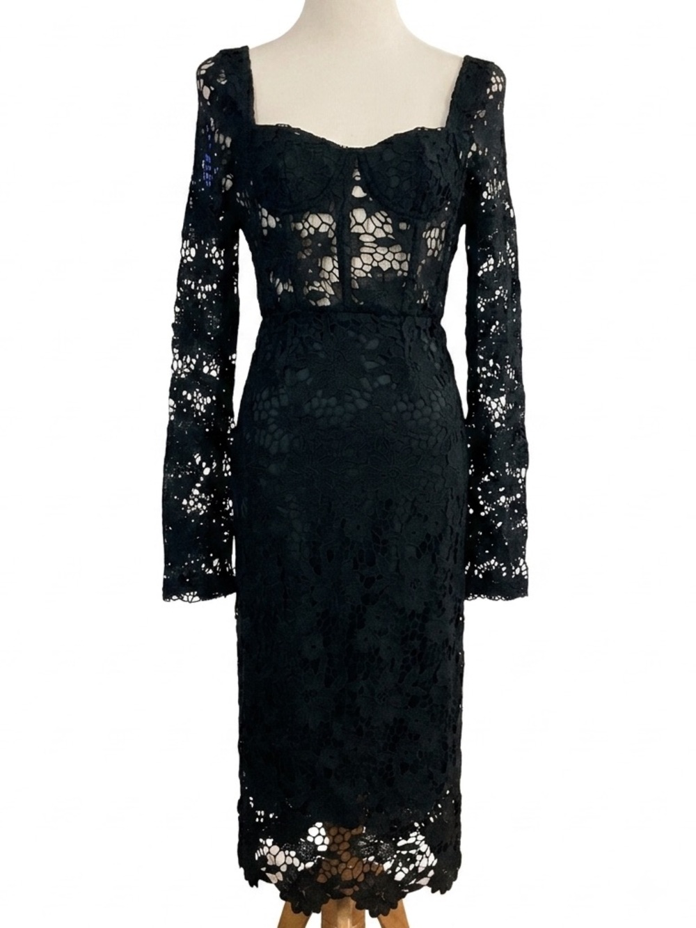 Boohoo Black Lace Long-Sleeve Midi Dress Size 6